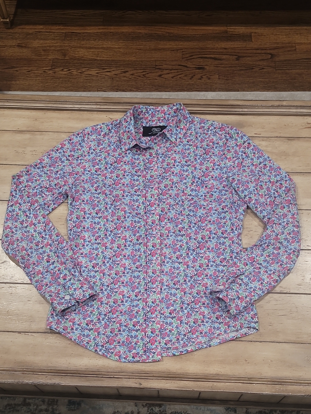 Tart Collections White Button-Down Shirt with Pink and Blue Floral Print